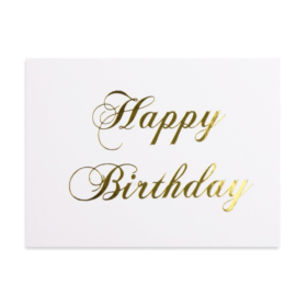 Happy Birthday Karte weiss, Schrift Gold mit Couvert / Umschlag