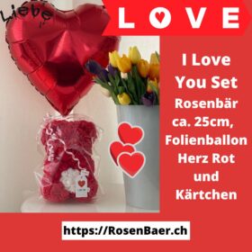 Love Spezial - Rosen Bär Rot mit weissem Herz, roter Herz-Folienballon und Lovekärtchen