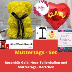 Muttertags Spezial - Rosen Bär Gelb, roter Herz-Folienballon und Muttertagskärtchen