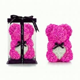 Rosenbär Pink mit weissem Herz & Masche