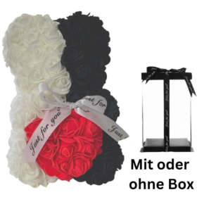 Rosen Bär Schwarz / Weiss mit rotem Herz und Masche - mit oder ohne Geschenkbox