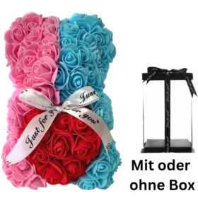 Rosen Bär Pink / Blau mit rotem Herz und Masche - mit oder ohne Geschenkbox